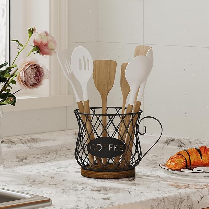 YINMIT K Cup Holder Organizer, Rustic Coffee Pod Holder Organizer, 35 Kcup Holder for Counter with Handle,Large Capacity Black Wire Coffee Capsule Basket for Kitchen Office Desktop (Circular Grid)