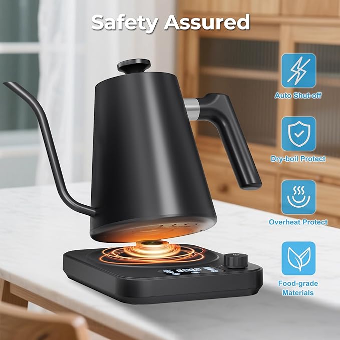 Gooseneck Electric Kettle, ยฑ1ยฐF Precision Control, Smart Altitude Adjustment, 24H Keep Warm, 30-Min Auto Memory, Food Grade Stainless Steel, Pour Over Kettle for Coffee and Tea, 1200W/1.0L
