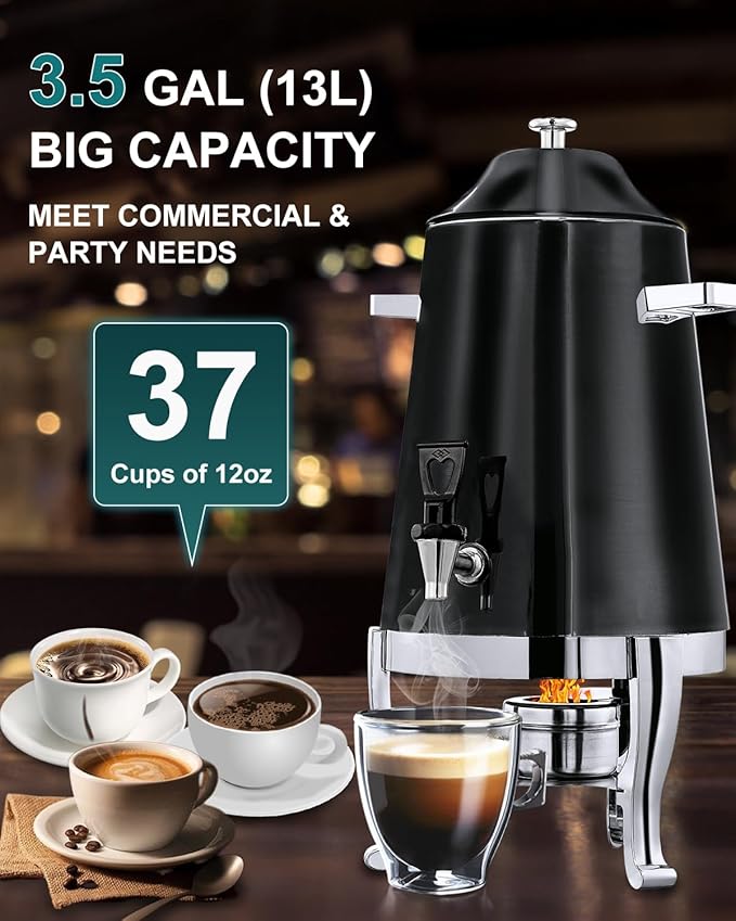 Coffee Urn With Fuel Holder, 3.5 Gallon/13L Stainless Steel Beverage Dispensers for Coffee Tea Hot Water, Hot Drink Dispenser with Stand, Chafer Urn with Spigot for Parties Catering (Painted Black)