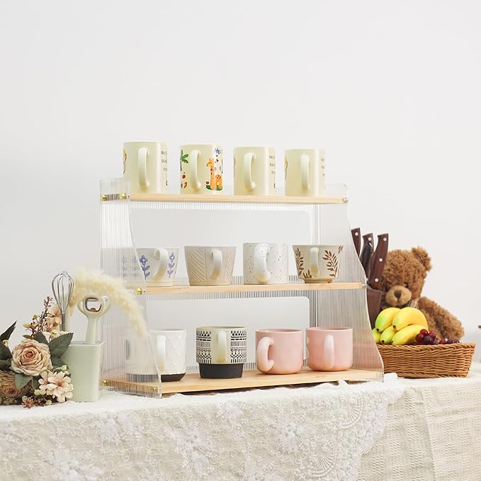 Coffee Mug Holder Wooden Cup Rack,3-Tier Acrylic Home Coffee Mug Display Rack for Kitchen Countertops, Coffee Bars, for Placing Mugs, Coffee Beans, Syrup, Cups, Stirrers 
