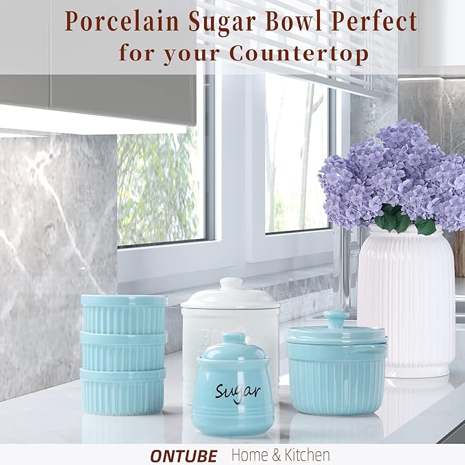 ONTUBE Ceramic Sugar Bowl with Lid and Spoon 12oz (Turquoise Blue)