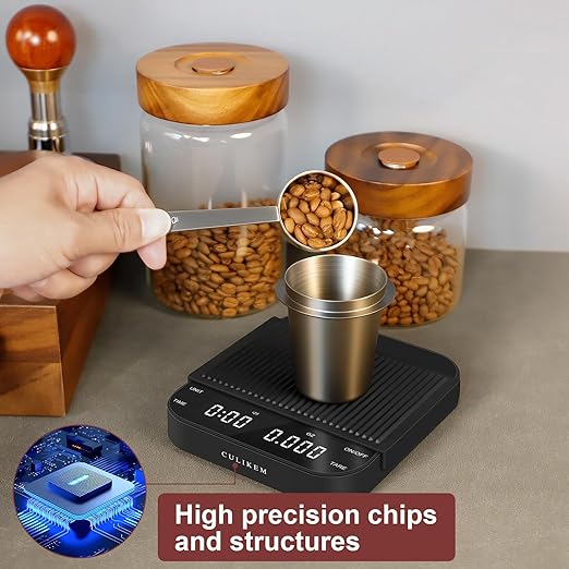 Coffee Scale with Timer, Kitchen, Digital, Rechargeable, Glass Mirror Design, for Pour-Over Barista, 0.3-3000g/0.1g