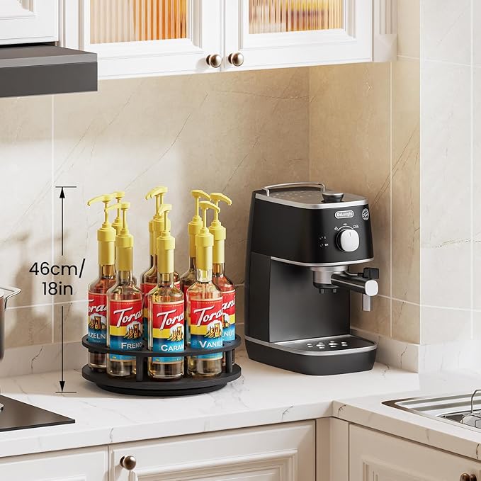 THYGIFTREE Large Rotating Coffee Syrup Organizer 9 Bottles Syrup Rack for Countertop Wood Syrup Bottle Holder Stand for Coffee Bar Station, Turntable Wine Display Tray, Black