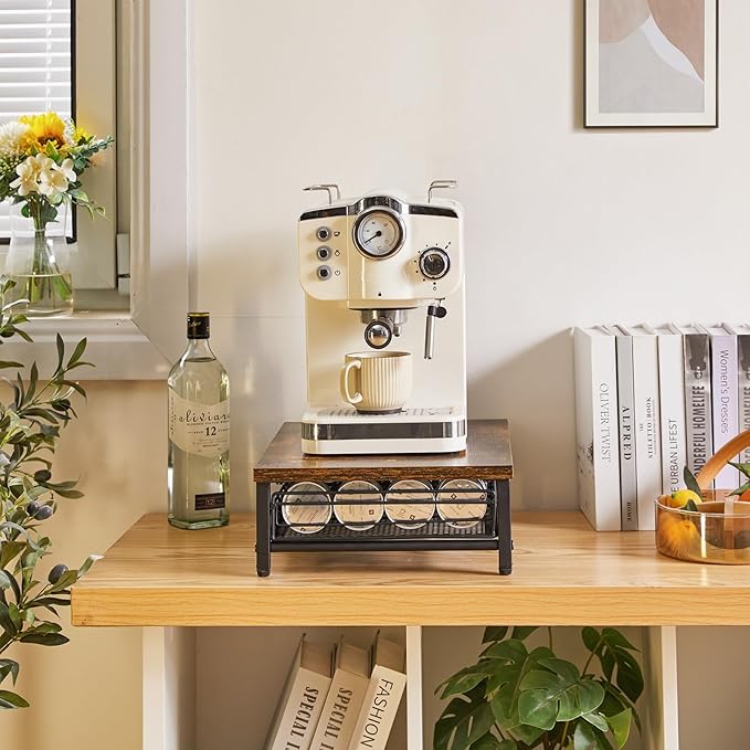 IBUYKE Coffee Pod Drawer Holder,40 Capsule Pods,Compatible for Nespresso Vertuo Pods,Wooden Top and Mesh Shelves,Home Kitchen Counter Coffee Bar Organizer, Rustic Brown,TCJ101H