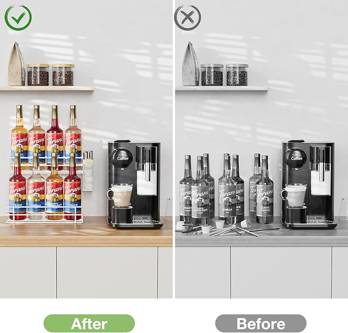 OVICAR Coffee Syrup Organizer Rack - 8 Bottle Holder Stand for Coffee Bar & Station Accessories, 2 Tiers Countertop Storage for Syrup & Wine Dressing, White