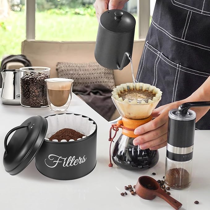 Coffee Filter Holder for Counter, Large Basket Coffee Filter Storage with Lid, Round Container for Bar Accessories Decor (Black)