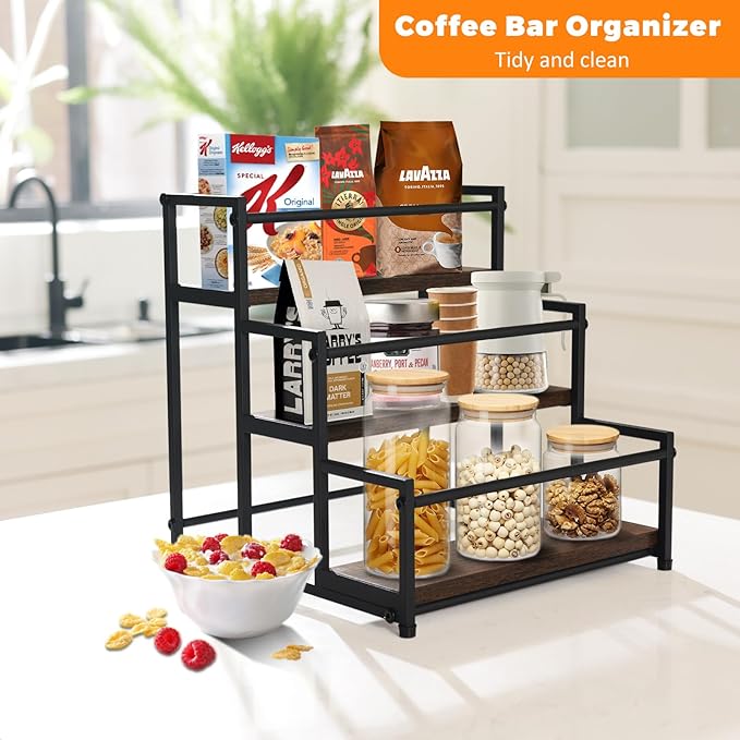 Coffee Syrup Rack - 3-Tier 12 Syrup Bottles Holder - Liquor Bottle Display Shelf - Kitchen Cabinet Organizer for Jars, Condiments - Wooden Countertop Organizer for Seasonings, Tea, or Coffee