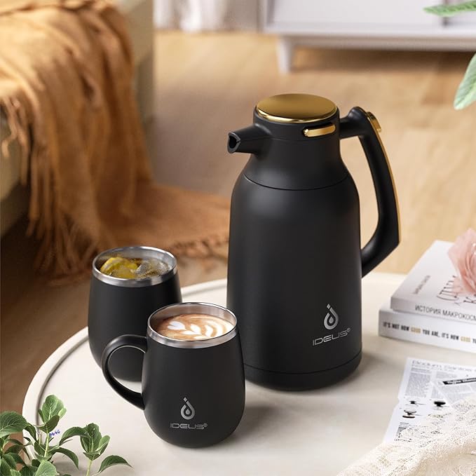 IDEUS Thermal Coffee Carafe 68oz (2,000ml), Stainless Steel Double Wall Insulated Vacuum Flask, Water Jug Coffee Server and Beverage Dispenser, Heat and Cold Retention (Black-Gold, 68oz (2,000ml))