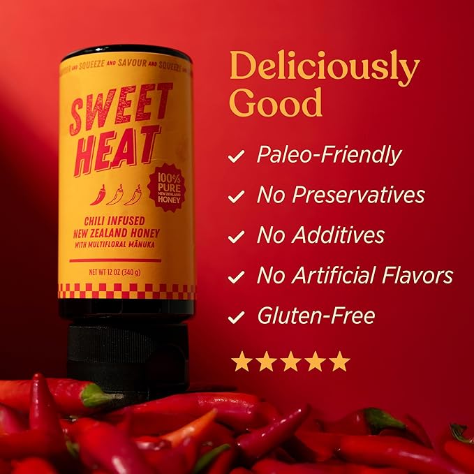 Hot Honey - Sweet Heat 100% Pure New Zealand Raw Manuka Spicy Honey MGO 100+ - Chili-Infused for Cooking & Grilling - No Added Sugar - 11.6oz Squeeze Bottle