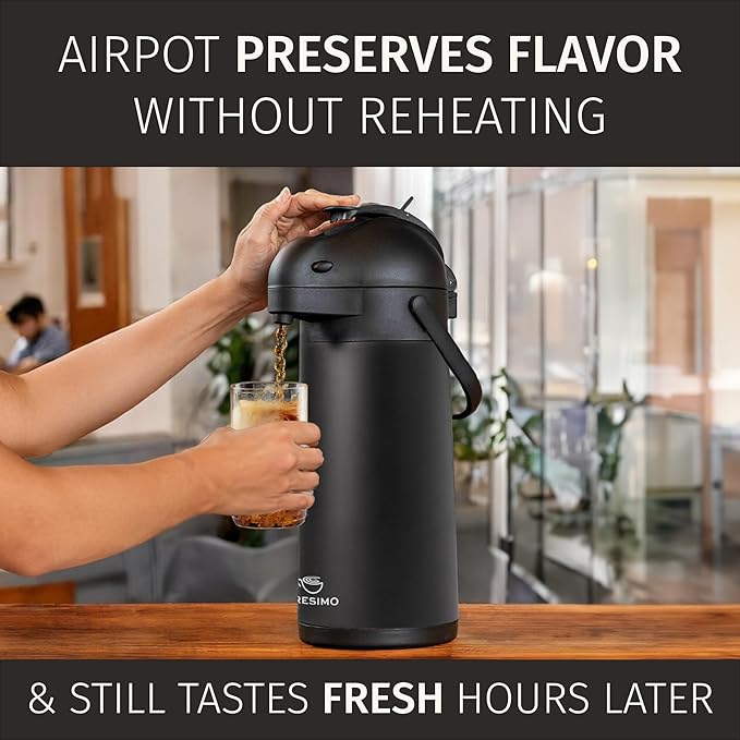 Airpot Coffee Dispenser With Pump, Black - 12 Hours Hot Water Dispenser with Pump, 36 Hours Cold - Coffee Thermal Carafe for Hot Drinks, Tea Flask for Beverages -Large Carafe w/ One-Handed Dispensing