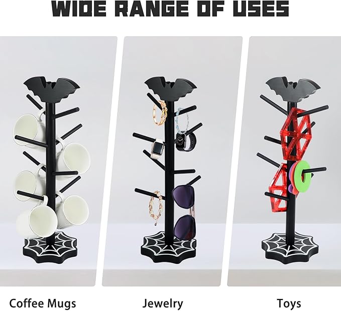 Bat Mug Holder Tree - 8 Hooks Coffee Mug Rack - Gothic Home Decor Wood Coffee Mug Tree for Countertop - Coffee Cup Holder for Halloween Kitchen Organizer & Coffee Bar Accessories (Spider Web)