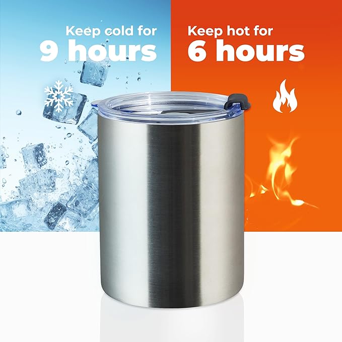 MEWAY 12 oz Lowball, Tumbler Stainless Steel Double Wall Vacuum Insulated Mug with Straw and Lid, Cleaning Brush ,Durable Powder Coated Insulated Coffee Cup for Cold & Hot Drinks (Silver, 12 pack)