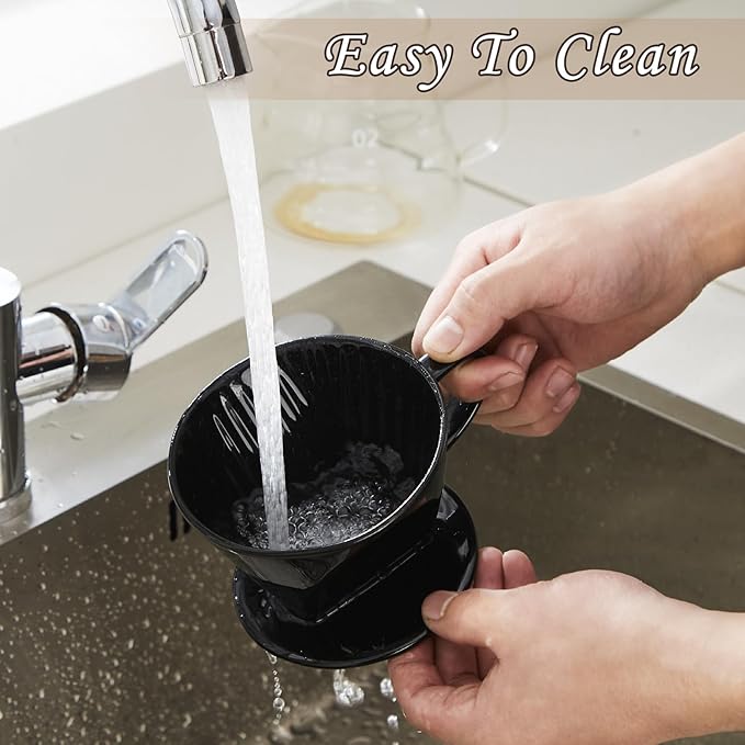 Pour Over Coffee Dripper, Ceramic Pour Over Coffee Maker with 3 Holes Flat Bottom, Easy Manual Slow Brewing, Porcelain Slow Filter Cone for Home, Office, Gift, Size 2, Black