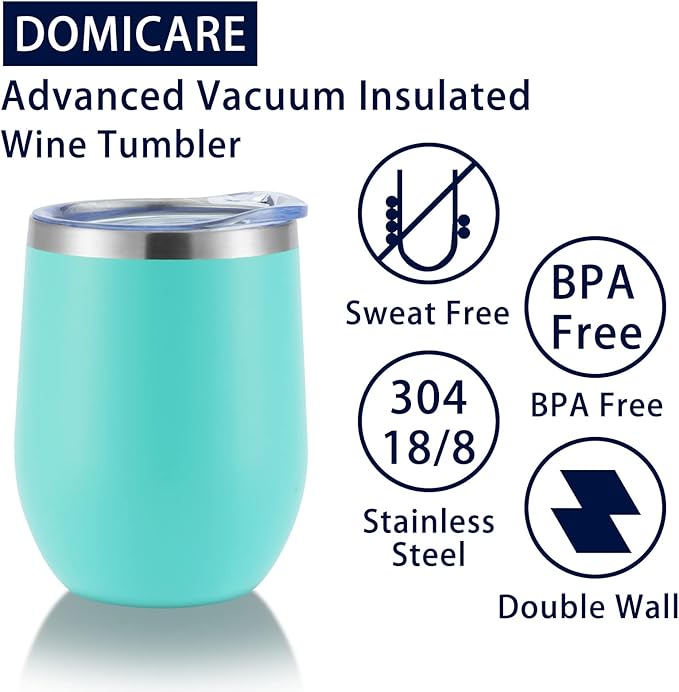 DOMICARE Stainless Steel Wine Tumbler Bulk with Lid, Personalized Insulated Tumblers Set, 12oz Travel Coffee Cups Pack of 12, Light Blue