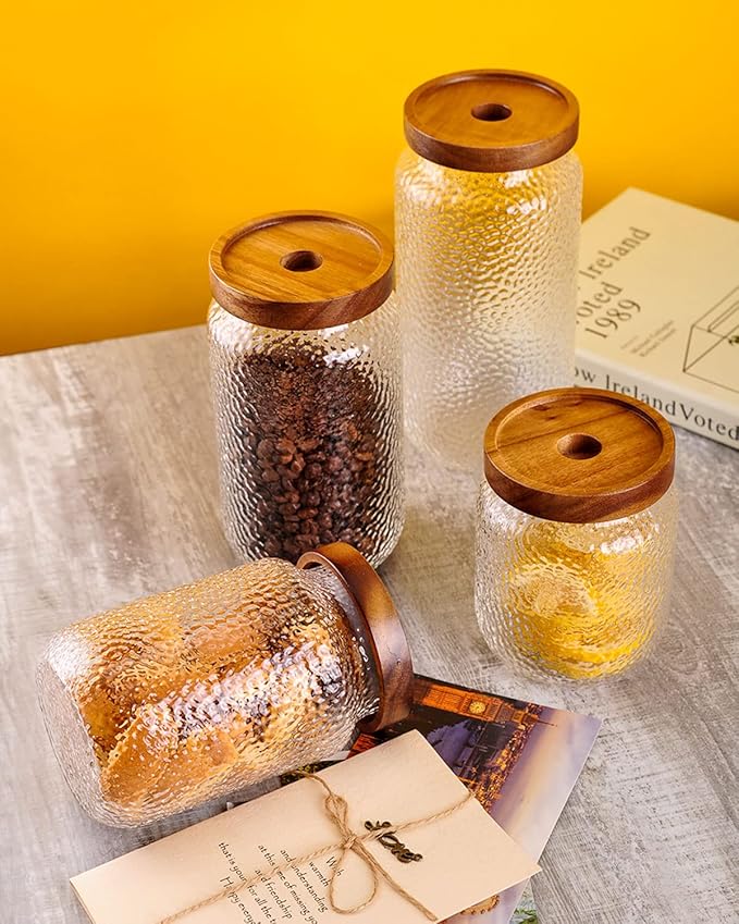 WHJY Glass Storage Container with Lid, Airtight Glass Jars, Farmhouse Tea Canister, Dog Treat Jar for Pet, Irregularity Texture Glass Candy Cookies Coffee Canister Jar Bath salt Container - 24oz