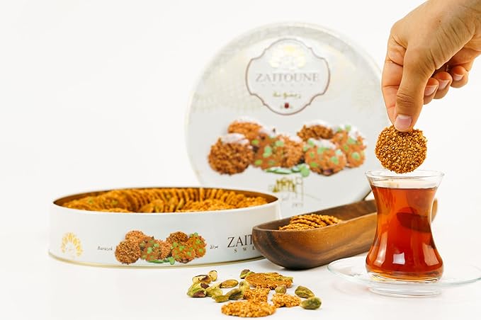 Zaitoune Barazek Cookies - 18 oz | Luxurious Crunchy Sesame & Pistachio Cookies Handcrafted in Turkey | Beautiful Reusable Gift Tin | Perfect for Coffee or Tea | Great Sharing Present