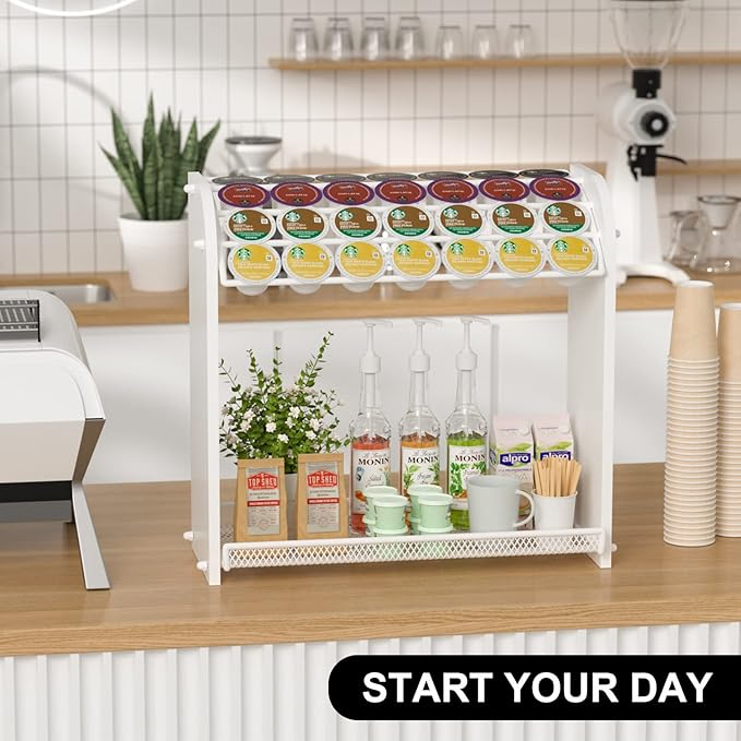 Coffee Pod Organizer for Countertop, Bamboo K Cup Holder, Easy Assembly Coffee Station Organizer for Home Office Coffee Bar, White