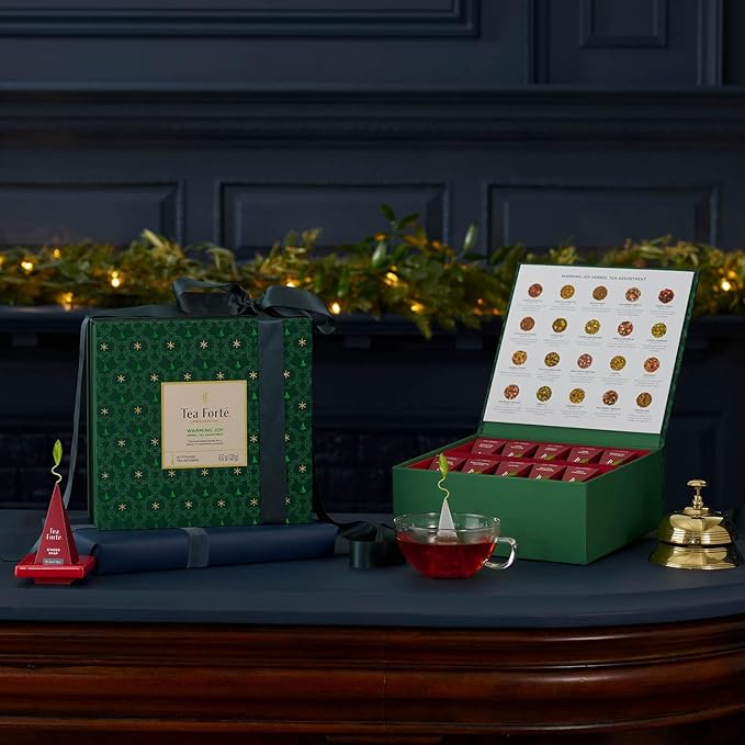 Tea Forte Warming Joy Holiday Herbal Premium Tea Chest Gift Sampler, 40 Count, 2 of each Variety Blend Individually Wrapped Handcrafted Pyramid Infuser Bags