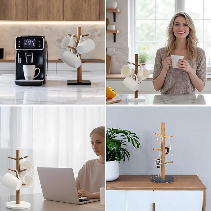 Buruis Mug Holder, Acacia Wood & Marble Base, 6 Hooks Kitchen Countertop Coffee Tea Cups Organizer