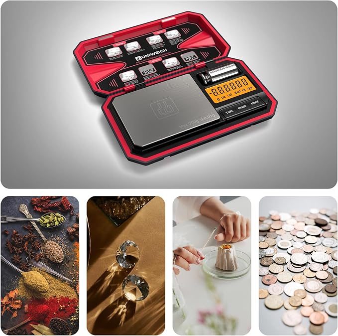Travel Digital Pocket Scale 200g/0.01g, Digital Gram Scales, Mini Food Scale with 50g Calibration Weight for Food, Powder,Small Items, Tea, Jewelry, Coins (Battery Included)-Red