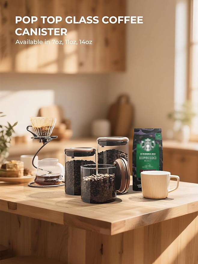 Ground Coffee Glass Container Airtight 900ml – Pop Top Ground Coffee Canister with CO₂ Valve, 11 oz Coffee Bean Container, UV Resistant