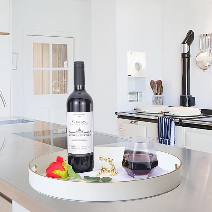 Gifturbo White Round Serving Tray,Decorative Serving Trays with Handles, Coffee Table Tray Ottoman Round Plastic Trays for Living Room, Bathroom