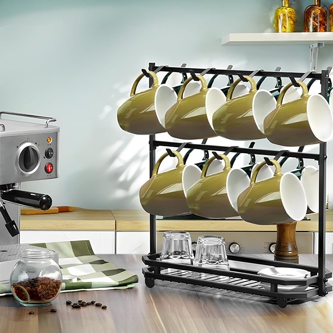 Coffee Mug Holder for Countertop, Coffee Cup Holder Rack with 14 Hooks, Metal Mug Tree Stand with Storage Base for K Cup Coffee Pod Paper Cups Tea Bag - Black