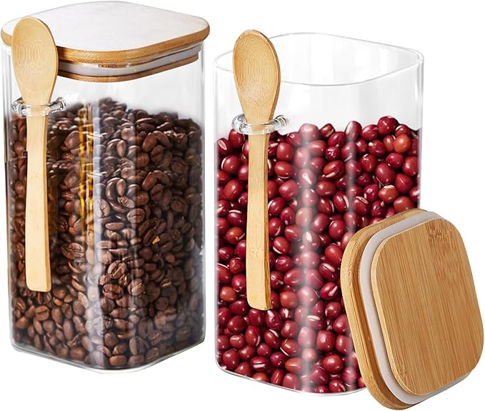 Glass Jars with Airtight Bamboo Lids and Spoons, 2PCS 1150ml/39oz Overnight Oats Containers with Lids, Glass Food Storage Containers for Coffee Beans, Flour, Sugar, Cookie, Pasta, Tea Leaf