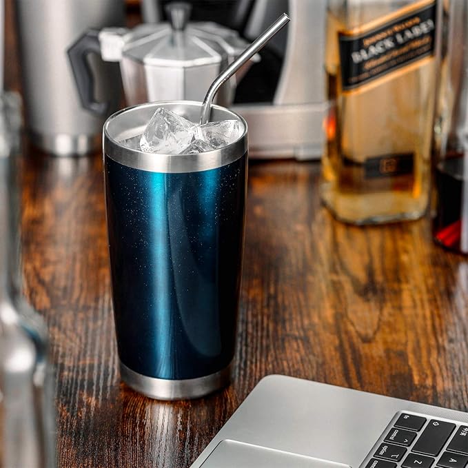 COMOOO 20oz Tumbler 8 Pack Double Wall Vacuum Insulated Travel Mug, Stainless Steel Tumbler Bulk with Lid and Straw, Durable Powder Coated Insulated Coffee Cup for Cold & Hot Drinks (Peacock blue, 8)