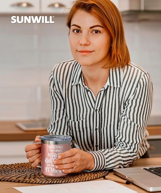 SUNWILL Insulated Coffee Mug with Lid, Birthday Gifts for Women, Stainless Steel Coffee Cup, Inspirational Sometimes You Forget You're Awesome Gifts for Mom, Best Friend, Her- 14oz Rose Gold