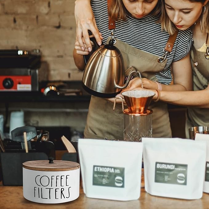 Wooden Coffee Filter Holder With Lid - Rustic Storage Container and Dispenser Basket for Coffee Bar Decor, Farmhouse Accessories - White