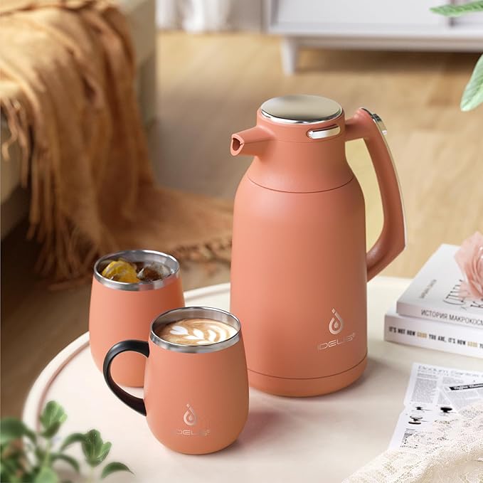 IDEUS Thermal Coffee Carafe 68oz (2,000ml), Stainless Steel Double Wall Insulated Vacuum Flask, Water Jug Coffee Server and Beverage Dispenser, Heat and Cold Retention (Coral, 68oz (2,000ml))