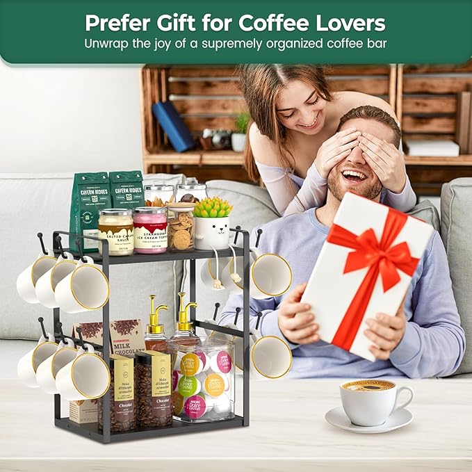 EsLuker.ly 2 Tier Coffee Mug Holder Station Bar Organizer Countertop, Mug Cup Tree Rack for Kitchen Office, Storage Shelf with 12 Hooks, Creat Stylish Coffee Corner, Black