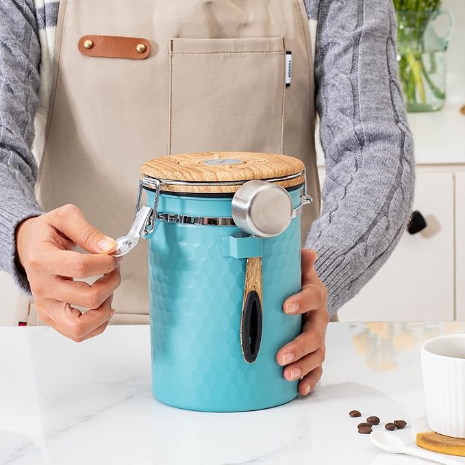 TEDSWAIT Coffee Canisters Airtight Coffee Bean Storage Container Kitchen Stainless Steel Food Storage Container with Scoop Date Tracker & CO2 Valve 61Fl Oz (Lake Blue)