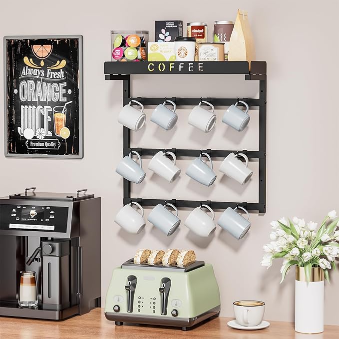 RCHYFEED Coffee Mug Holder Wall Mounted, Mug Rack Organizer for Home Kitchen Display and Collection, Metal Cup Holder Mug Tree with Adjustable 12 Hooks and Storage Shelf for Coffee Pods Sugar Bags