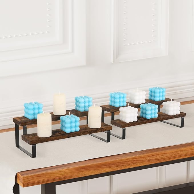 YINMIT Wooden Display Riser Stand, Tiered Perfume and Cologne Organizer Stand, 2 Tier Spice Rack Organizer, Rustic Display Shelf for Candles (2 Tier, 2 Pack)