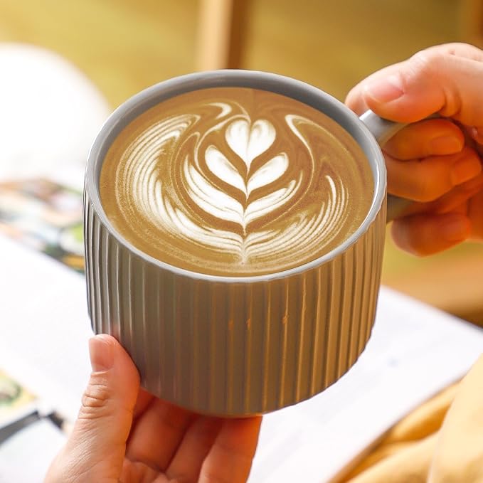 Hasense Coffee Mugs Set, Stacking Tea Cups Set of 4 with Holder - 15 oz Large Ceramic Ribbed Latte Cup Set for Cappuccino, Tea, Hot Cocoa, Drinks - Dishwasher & Microwave Safe, Grey