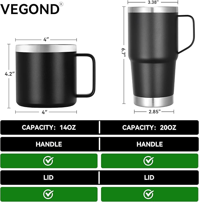VEGOND 14 oz Insulated Coffee Mug Bulk with Handle, Stainless Steel Travel Coffee Mug with Lid, Double Wall Vacuum Metal Coffee Cup, Coffee Tumbler Powder Coated, Black 8 Pack