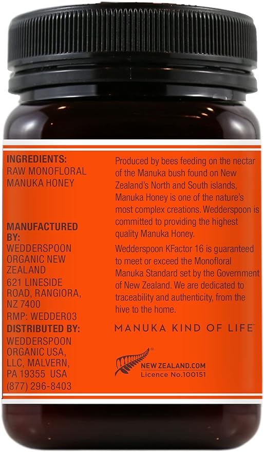 Wedderspoon Raw Premium Manuka Honey, KFactor 16, 17.6 Oz, Unpasteurized, Genuine New Zealand Honey, Traceable from Our Hives to Your Home