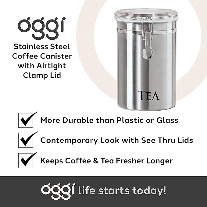 Oggi Stainless Steel Tea Canister 62 fl oz - Airtight Clamp Lid, Clear See-Thru Top - Ideal for Tea Bag, Loose Tea, Kitchen Storage, Pantry Storage. Large Size 5" x 7.5".