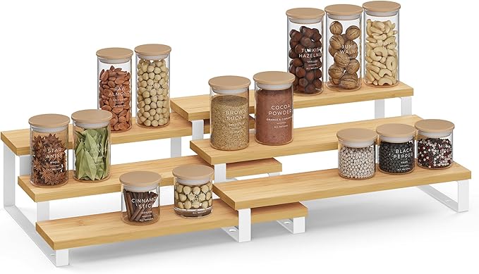 SONGMICS Display Risers, Set of 2 Engineered Wood Perfume Organizer Stand, 3-Tier Cupcake Stand Holder, Spice Rack, Shelf Risers for Figures, Dessert Shelves, Natural Beige and Cloud White UKCS016N02