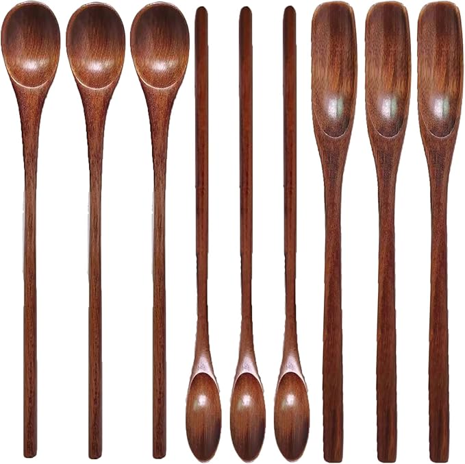 Wooden Spoons Long Handle Wooden Coffee Spoons Tea spoon Wooden Mixing Honey Spoon Handmade Wood Stirring Spoon for Kitchen Cooking Utensils(9PCS)