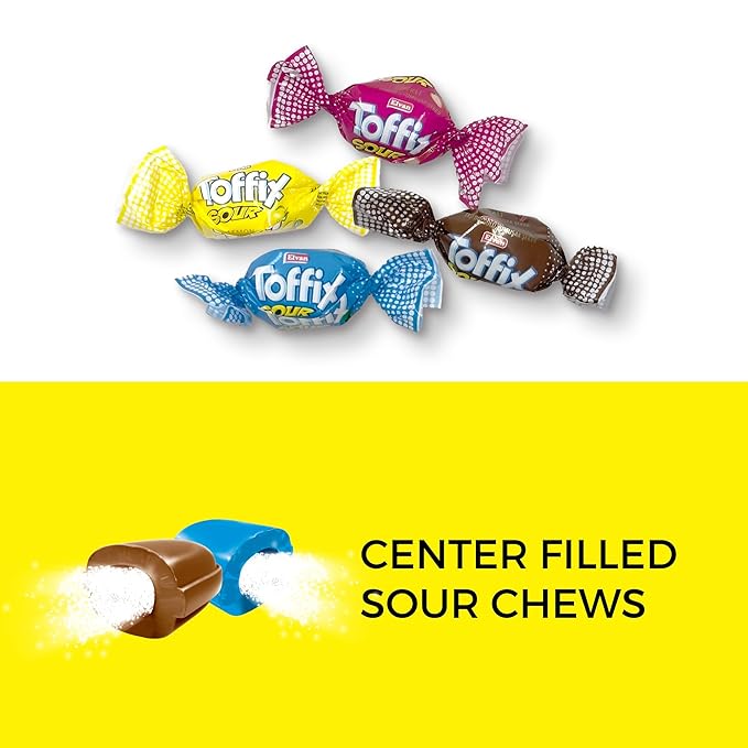 Toffix Sour Chews, Center-Filled Soft Chewy Candy, 250 Pieces of Individually Wrapped Snacks for Kids & Adults, Strawberry, Blueberry, Lemon & Cola Flavored Chewy Candies - 2 Pound Bulk Bag