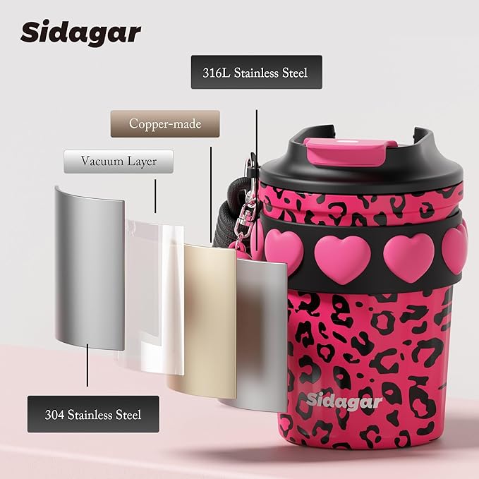 12 oz Travel Coffee Mug Spill Proof Leak Proof, Stainless Steel Thermal Coffee Cup with Lid, Resuable Cup for Hot and Cold, Portable Tumbler for Women, Pink Leopard