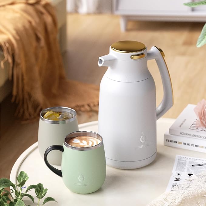 IDEUS Thermal Coffee Carafe 68oz (2,000ml), Stainless Steel Double Wall Insulated Vacuum Flask, Water Jug Coffee Server and Beverage Dispenser, Heat and Cold Retention (White-Gold, 68oz (2,000ml))