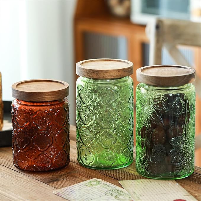 Set of 2 Vintage Glass Storage Containers, Green Glass Jars with Solid Wood Lids, 34 FL OZ Decorative Jars for Kitchen Storage Cabinets for Coffee, Jam, Nuts, Pasta, Cookie (Green Sunflower)