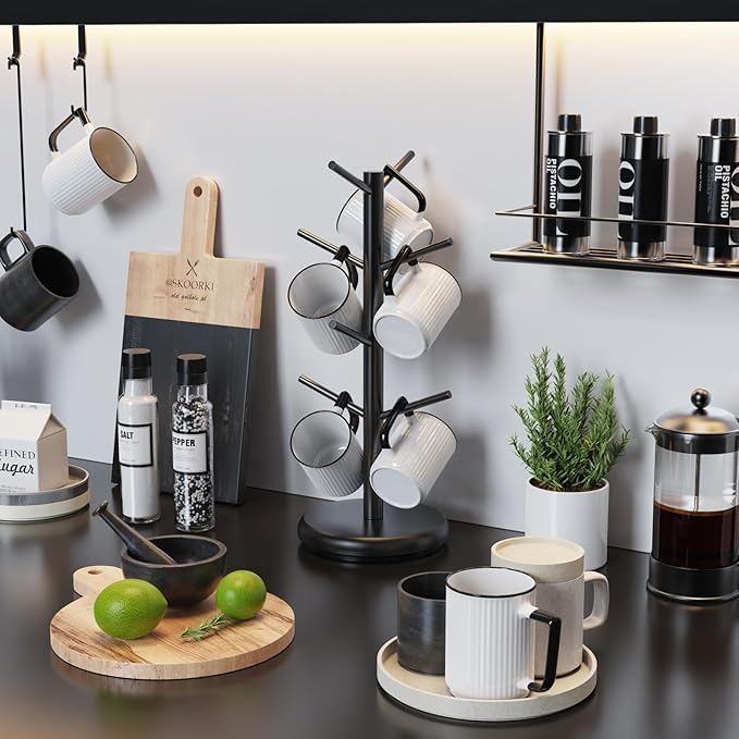 BAMBANG Coffee Mug Tree, 360° Rotating Bamboo Cup Holder Tree for Counter Top, Mug Rack with 8 Hooks, Mug Stand for Coffee Bar, Home, Black