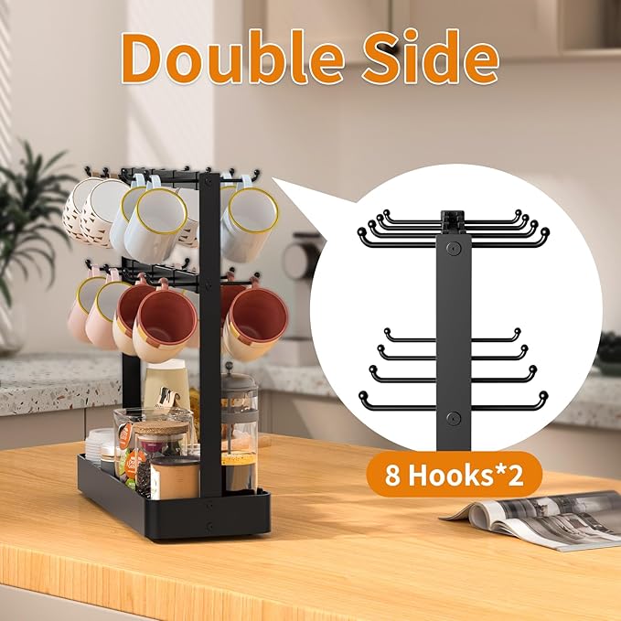 RCHYFEED Countertop Coffee Cup Holder, Aluminum Alloy Mug Holder Organizer with 16 Movable Hooks, 2 Tier Mug Tree Stand Rack with Storage Basket for K Cup Coffee Bar Kitchen