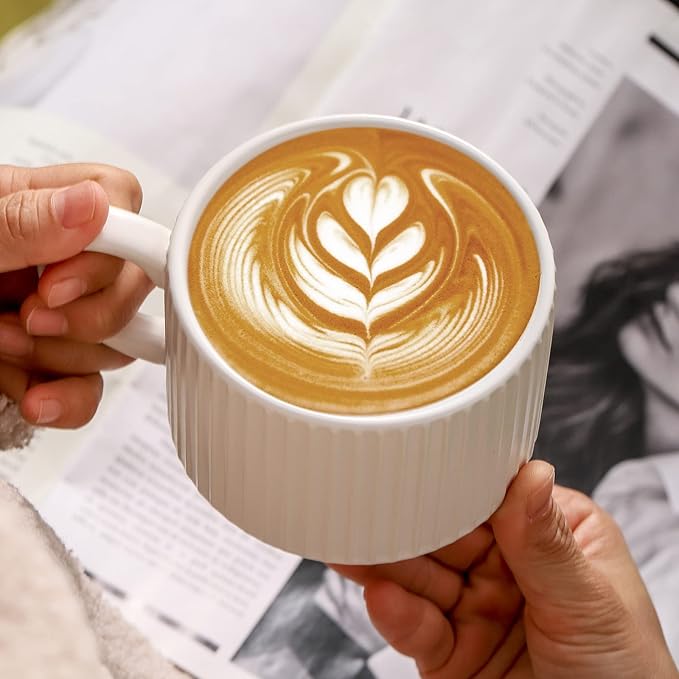 Hasense Large Coffee Mug Set of 4 with Rack - 15 oz Stacking Ceramic Ribbed Latte Cups Set for Cappuccino, Tea, Hot Cocoa, Drinks - Dishwasher & Microwave Safe Assorted Colors