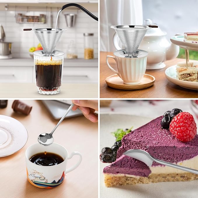 Pour Over Coffee Dripper, LOOFORE Stainless Steel Coffee Filter, Metal Cone Filter Paperless Reusable Coffee Filter Single Cup Coffee Maker 1-2 Cup, with Spoon and Silicone Tray, Cleaning Brush